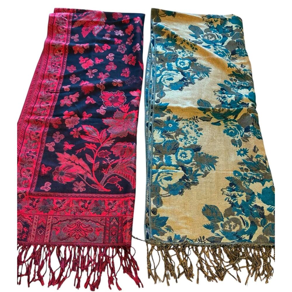 2 Susan Graver Floral Pashmina Shawls Jacquard Weave Fringe Old Money Luxury